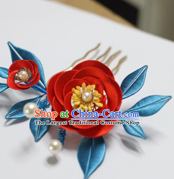 Handmade Chinese Classical Silk Flowers Hairpins Traditional Hair Accessories Ancient Qing Dynasty Court Red Camellia Hair Clip for Women