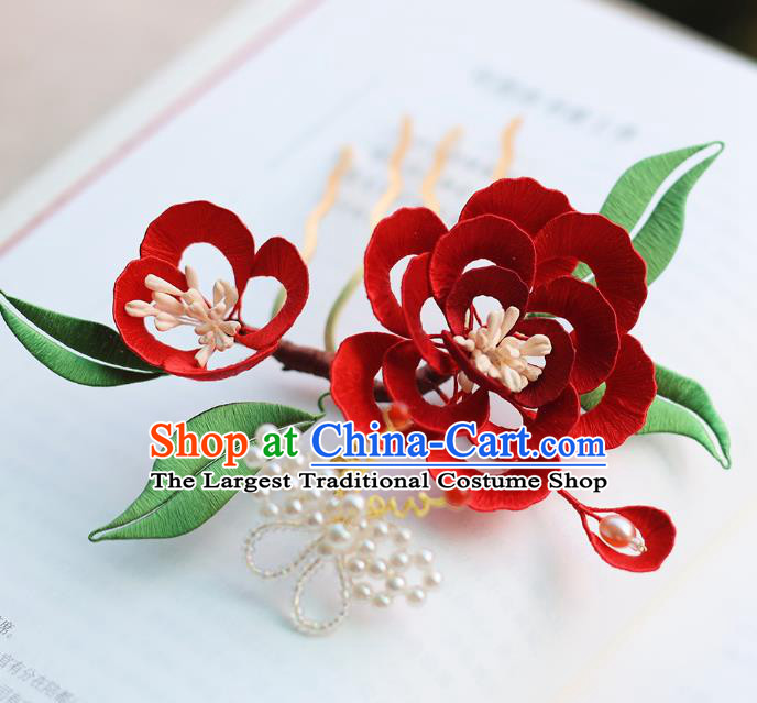 Handmade Chinese Classical Silk Flowers Hairpins Traditional Hair Accessories Ancient Qing Dynasty Court Red Peony Hair Comb for Women