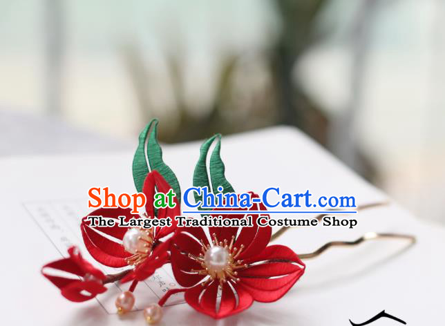 Handmade Chinese Classical Court Red Silk Flowers Hairpins Traditional Hair Accessories Ancient Qing Dynasty Hair Clip for Women