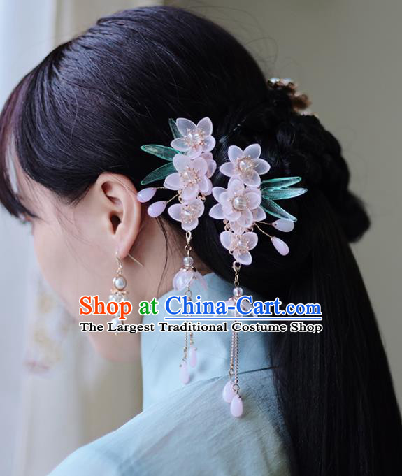 Handmade Chinese Classical Pink Sakura Hairpins Traditional Hair Accessories Ancient Hanfu Tassel Hair Claws for Women