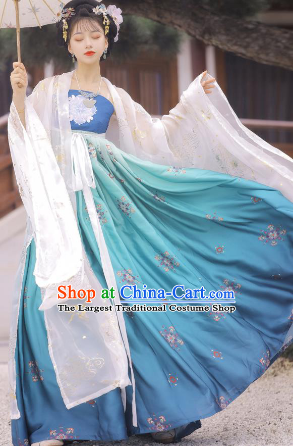 Chinese Tang Dynasty Princess Cloak and Blue Dress Traditional Hanfu Garment Ancient Court Women Historical Costumes Full Set