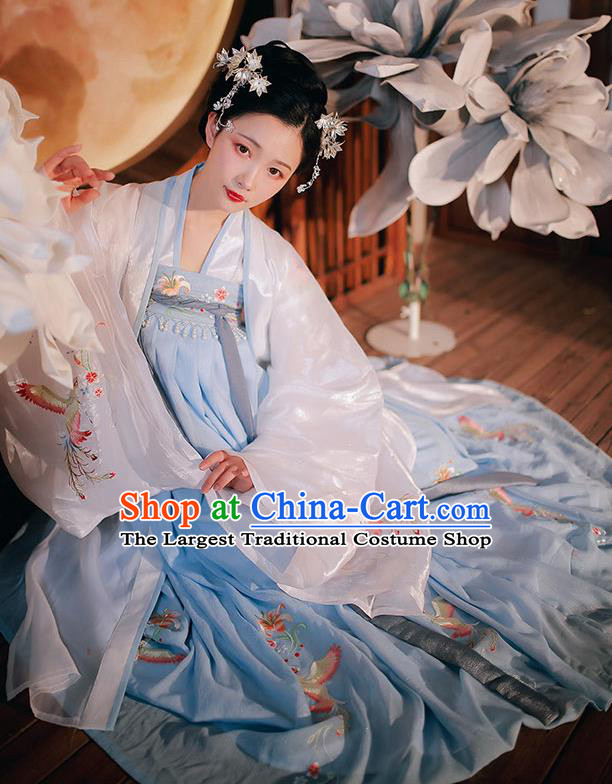 Chinese Traditional Tang Dynasty Court Woman Hanfu Garment Ancient Princess Historical Costumes White Cloak Blouse and Blue Dress Full Set