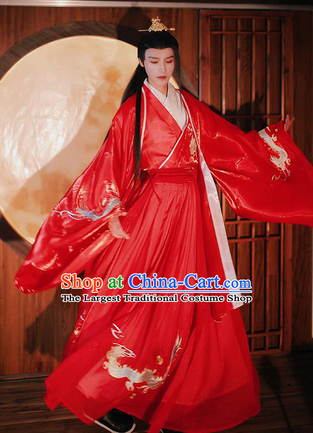 Chinese Traditional Ming Dynasty Prince Hanfu Garment Ancient Wedding Historical Costumes Red Cloak Shirt and Skirt Full Set