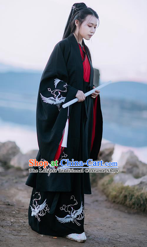 Chinese Traditional Han Dynasty Childe Hanfu Garment Ancient Swordsman Costumes Black Cloak Shirt and Skirt for Men