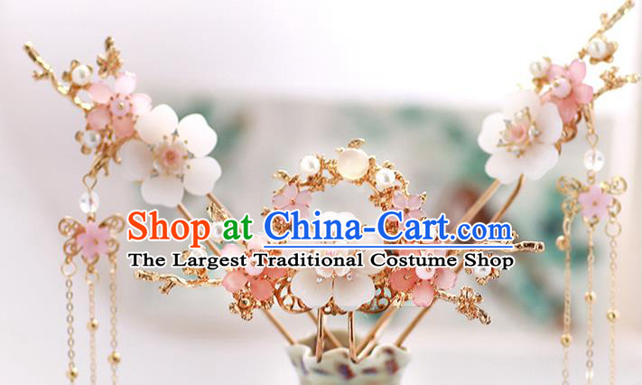 Chinese Classical Wedding Hair Crown Traditional Bride Hair Accessories Handmade Hanfu Plum Tassel Hairpins Full Set