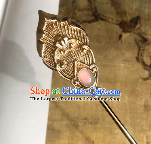 Handmade Chinese Tang Dynasty Pink Glass Hair Clip Traditional Hair Accessories Ancient Court Golden Hairpins for Women