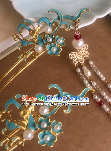 Handmade Chinese Ming Dynasty Blue Hair Clip Traditional Hair Accessories Ancient Court Tassel Hairpins for Women