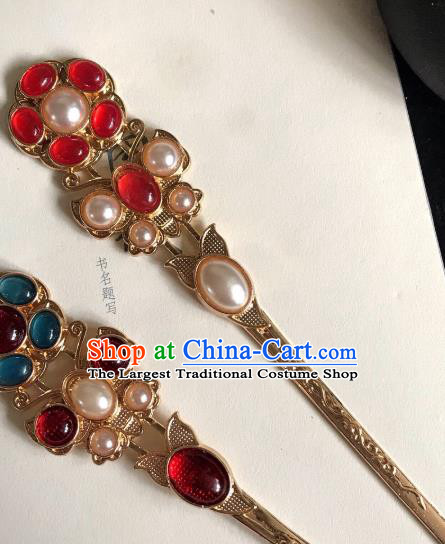 Handmade Chinese Tang Dynasty Red Agate Hair Clip Traditional Hair Accessories Ancient Court Queen Golden Hairpins for Women