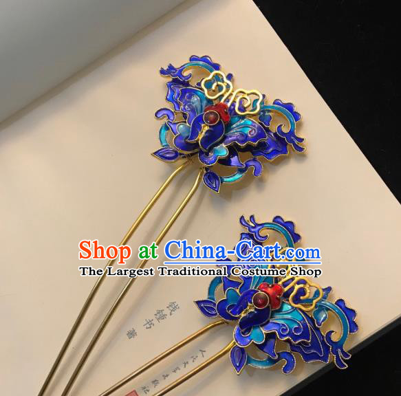 Handmade Chinese Qing Dynasty Queen Hair Clip Traditional Hair Accessories Ancient Court Blueing Butterfly Hairpins for Women