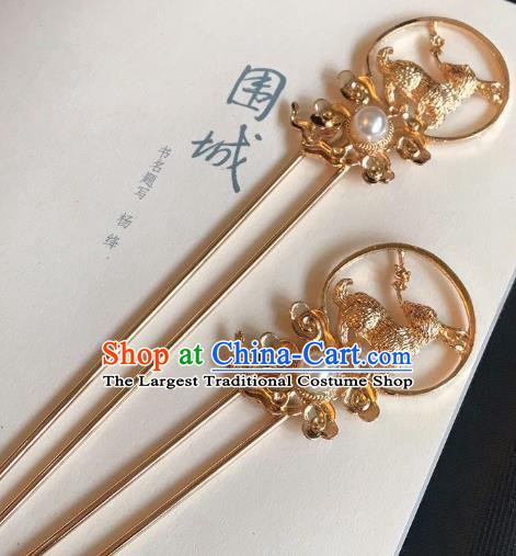 Handmade Chinese Tang Dynasty Queen Hair Clip Traditional Hair Accessories Ancient Court Golden Rabbit Hairpins for Women