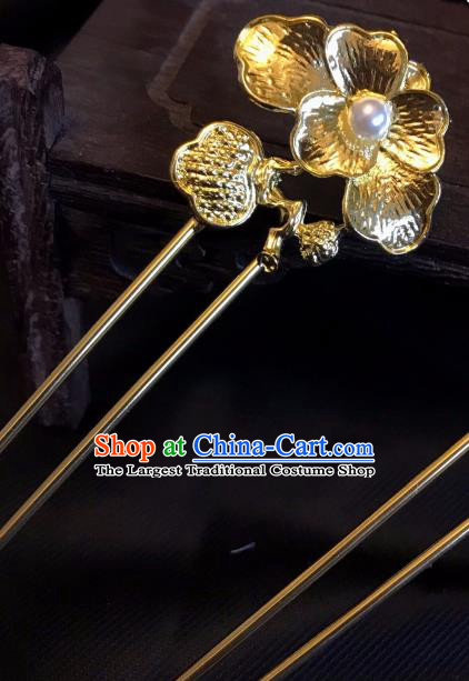 Handmade Chinese Tang Dynasty Court Queen Pearl Hair Clip Traditional Hair Accessories Ancient Golden Peony Hairpins for Women