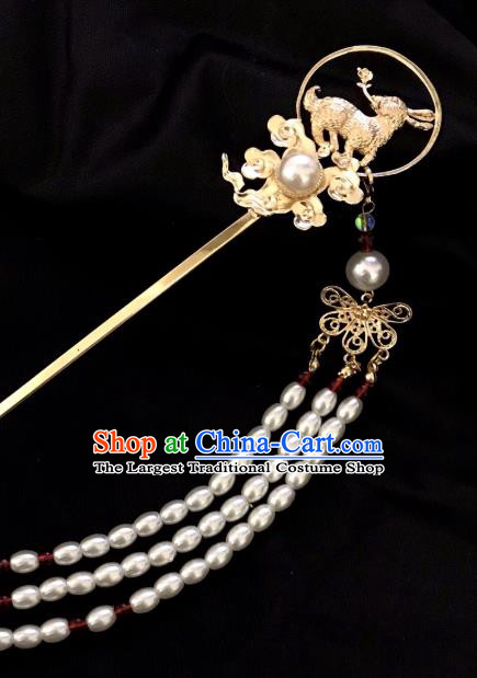 Handmade Chinese Tang Dynasty Pearls Tassel Hair Clip Traditional Hair Accessories Ancient Golden Rabbit Hairpins for Women