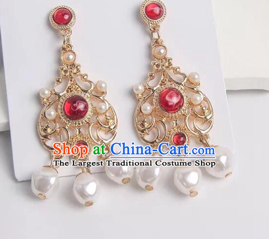 Chinese Handmade Hanfu Red Crystal Earrings Traditional Ear Jewelry Accessories Classical Golden Eardrop for Women