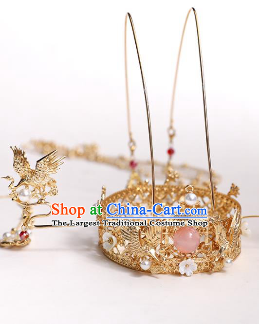 Chinese Classical Wedding Golden Crane Tassel Hair Crown Traditional Bride Hair Accessories Handmade Hanfu Round Phoenix Coronet