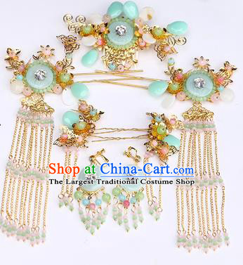 Chinese Classical Wedding Green Ring Hair Comb Traditional Bride Hair Accessories Handmade Hanfu Tassel Hairpins and Earrings Complete Set