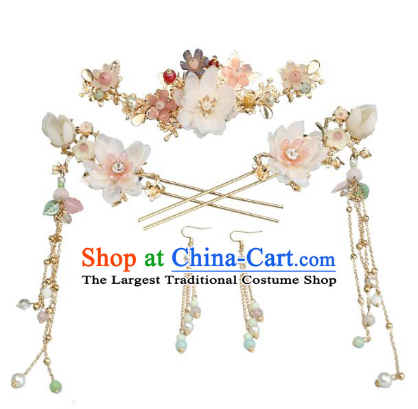 Chinese Classical Wedding Silk Flower Hair Comb Traditional Bride Hair Accessories Handmade Hanfu Tassel Hairpins and Earrings Complete Set