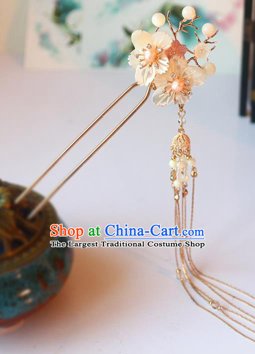 Handmade Chinese Classical Shell Plum Hair Clip Traditional Hair Accessories Ancient Hanfu Golden Tassel Hairpins for Women