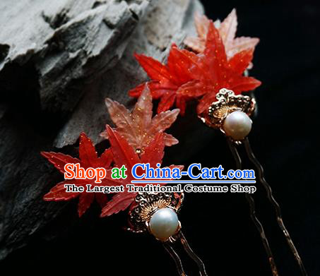 Handmade Chinese Classical Red Maple Leaf Hair Clip Traditional Hair Accessories Ancient Hanfu Pearl Hairpins for Women