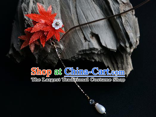 Handmade Chinese Classical Red Maple Leaf Hair Clip Traditional Hair Accessories Ancient Hanfu Pearl Tassel Hairpins for Women