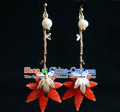 Traditional Chinese Handmade Maple Leaf Earrings Ancient Hanfu Court Red Ear Accessories for Women