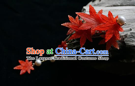 Handmade Chinese Classical Red Maple Leaf Hair Claw Traditional Hair Accessories Ancient Hanfu Tassel Hair Stick for Women