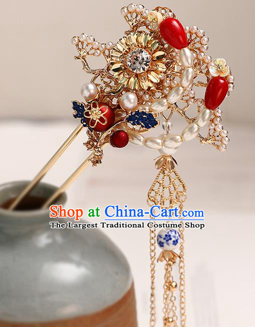 Handmade Chinese Classical Tassel Pearls Hair Clip Traditional Hair Accessories Ancient Hanfu Golden Hairpins for Women