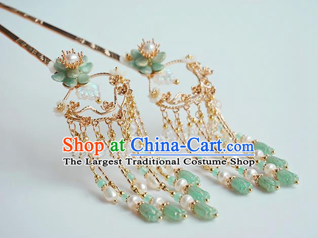 Handmade Chinese Green Beads Tassel Hair Clip Traditional Hair Accessories Ancient Hanfu Classical Shell Flower Hairpins for Women