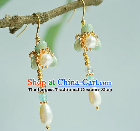 Chinese Handmade Green Flower Earrings Traditional Hanfu Ear Jewelry Accessories Classical Pearl Tassel Eardrop for Women