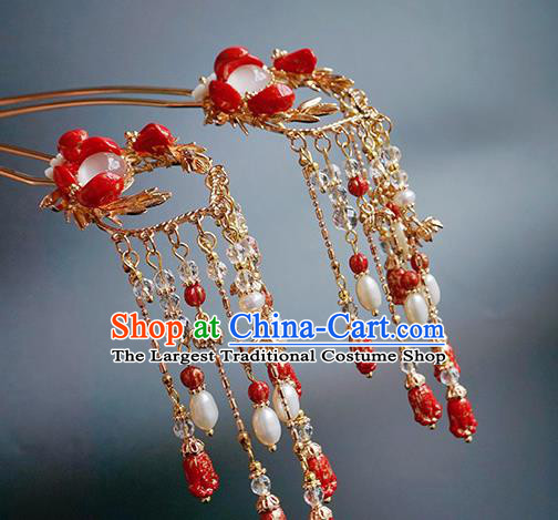 Handmade Chinese Red Beads Tassel Hair Clip Traditional Hair Accessories Ancient Hanfu Classical Albite Hairpins for Women