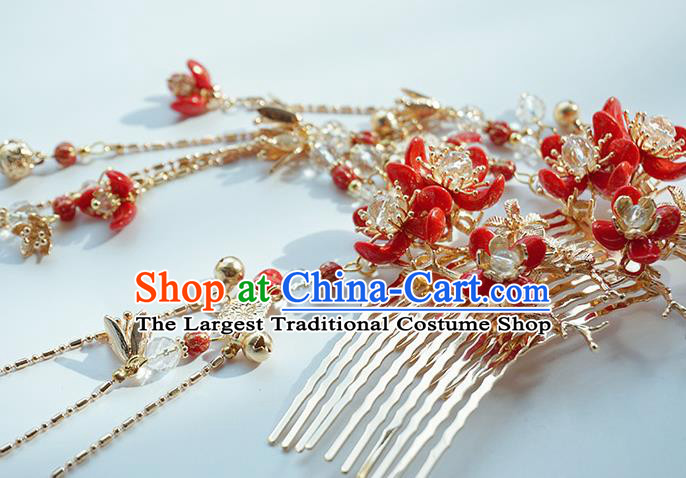 Handmade Chinese Red Plum Hair Combs Traditional Hair Accessories Ancient Hanfu Classical Golden Tassel Hairpins for Women