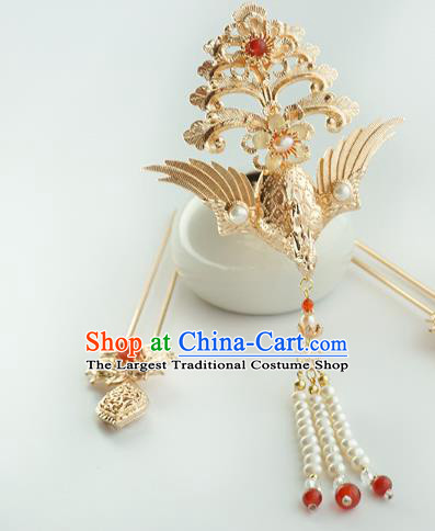 Chinese Classical Wedding Golden Phoenix Hair Crown and Hairpins Handmade Traditional Bride Hair Accessories Complete Set