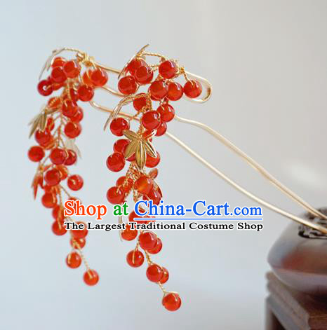 Handmade Chinese Hanfu Agate Hair Clip Traditional Hair Accessories Ancient Red Beads Hairpins for Women