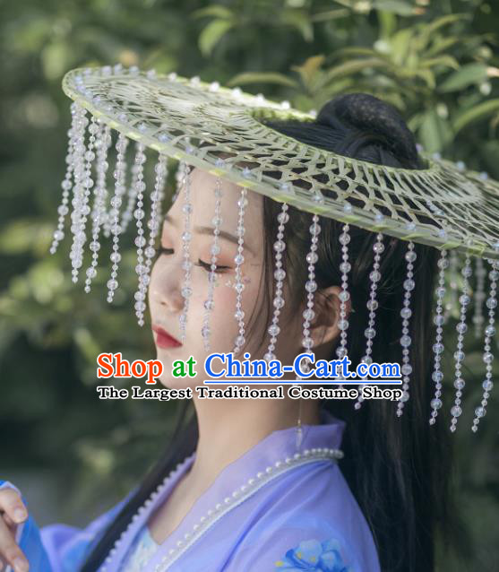 Chinese Traditional Ancient Hanfu Tassel Hat Headwear Handmade Ming Dynasty Female Swordsman Bamboo Hat for Women