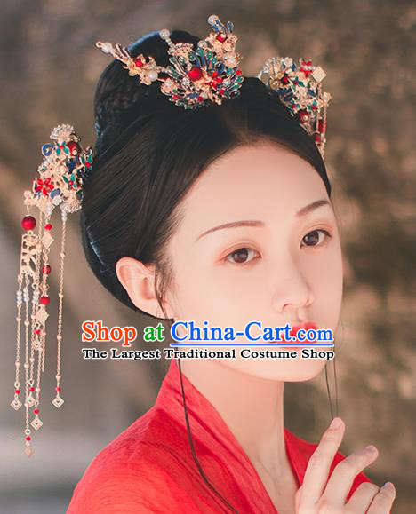 Chinese Classical Blueing Hair Crown and Hairpins Handmade Traditional Court Hair Accessories Phoenix Hair Comb Full Set