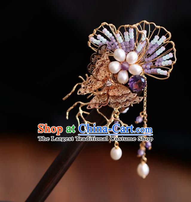 Handmade Chinese Cheongsam Purple Beads Hair Clip Traditional Hanfu Hair Accessories Golden Butterfly Ebony Hairpins for Women