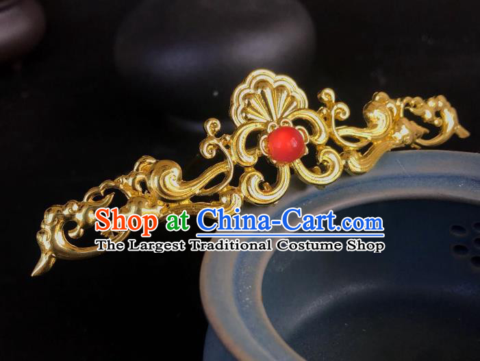 Handmade Chinese Tang Dynasty Palace Golden Hair Clip Traditional Hair Accessories Ancient Empress Red Stone Hairpins for Women