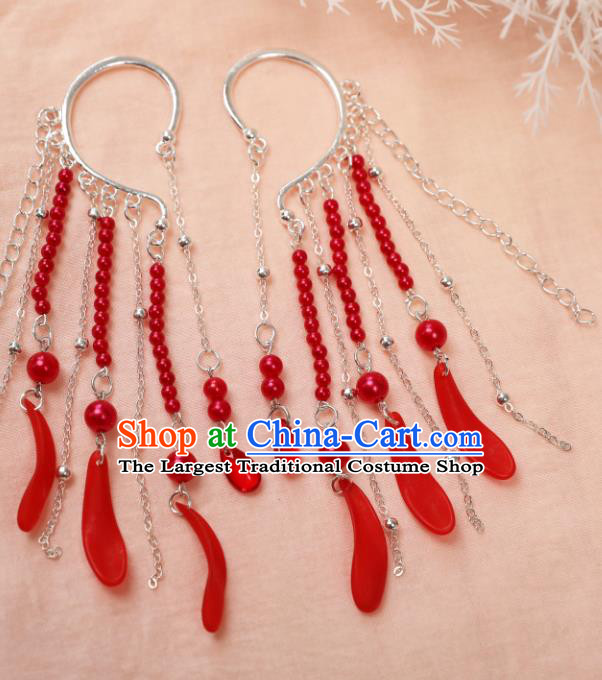 Traditional Chinese Red Beads Ear Accessories Handmade Tassel Eardrop Ancient Female Swordsman Earrings for Women