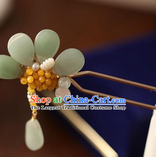 Handmade Chinese Cheongsam Green Jade Flower Hair Clip Traditional Hanfu Hair Accessories Beads Hairpins for Women