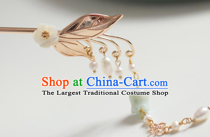 Handmade Chinese Cheongsam Convallaria Tassel Hair Clip Traditional Hanfu Hair Accessories Golden Leaf Hairpins for Women