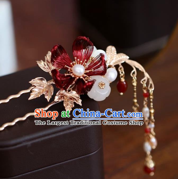 Handmade Chinese Cheongsam Red Flower Hair Clip Traditional Hanfu Hair Accessories Tassel Hairpins for Women