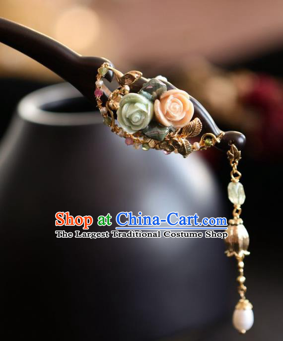 Handmade Chinese Cheongsam Ceramics Roses Hair Clip Traditional Hanfu Hair Accessories Ebony Hairpins for Women