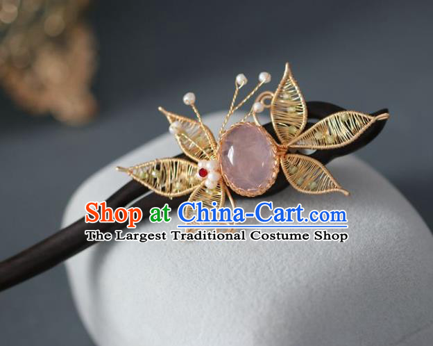 Handmade Chinese Cheongsam Ebony Hair Clip Traditional Hanfu Hair Accessories Pink Chalcedony Hairpins for Women