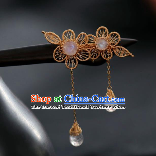 Handmade Chinese Cheongsam Crystal Tassel Hair Clip Traditional Hanfu Hair Accessories Silk Flower Ebony Hairpins for Women