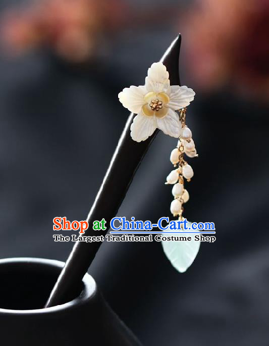 Handmade Chinese Cheongsam Pearls Tassel Shell Flower Hair Clip Traditional Hanfu Hair Accessories Ebony Hairpins for Women