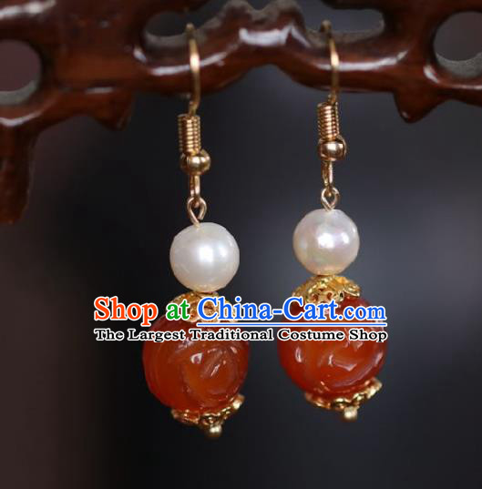 Chinese Handmade Hanfu Red Jade Earrings Traditional Ear Jewelry Accessories Classical Pearl Eardrop for Women