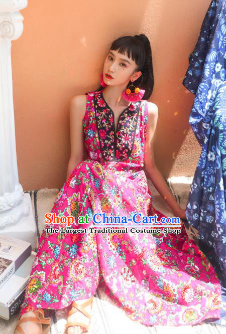 Thailand Traditional Sequins Pink Dress Asian Thai National Beach Dress Photography Costumes for Women