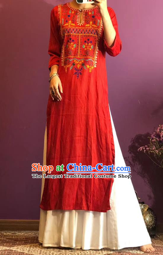 Thailand Traditional Embroidery Red Dress Asian Thai National Cotton Dress Photography Costumes for Women