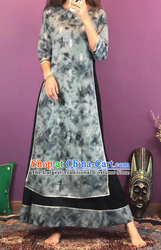 Thailand Traditional Printing Grey Qipao Dress Asian Thai National Cotton Dress Photography Costumes for Women