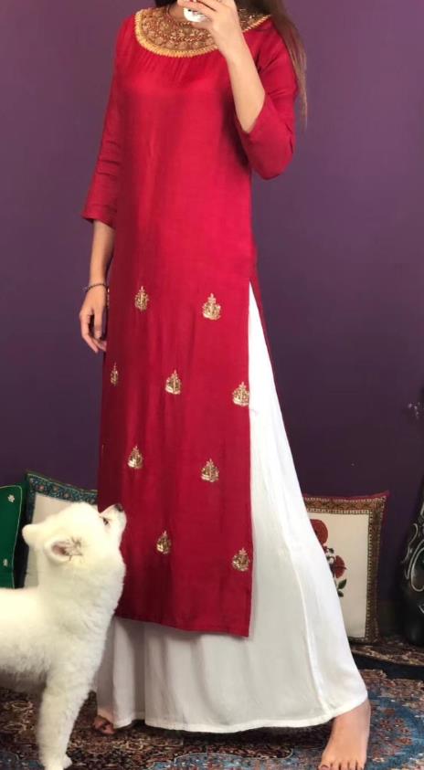 Thailand Traditional Kurta Dress Asian Thai National Embroidered Wine Red Cotton Dress and Loose Pants Photography Costumes for Women