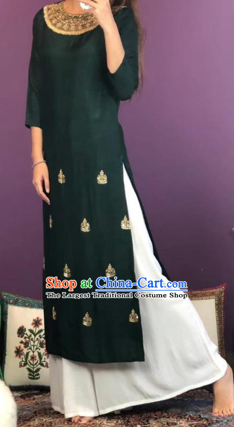 Thailand Traditional Kurta Dress Asian Thai National Embroidered Dark Green Cotton Dress and Loose Pants Photography Costumes for Women